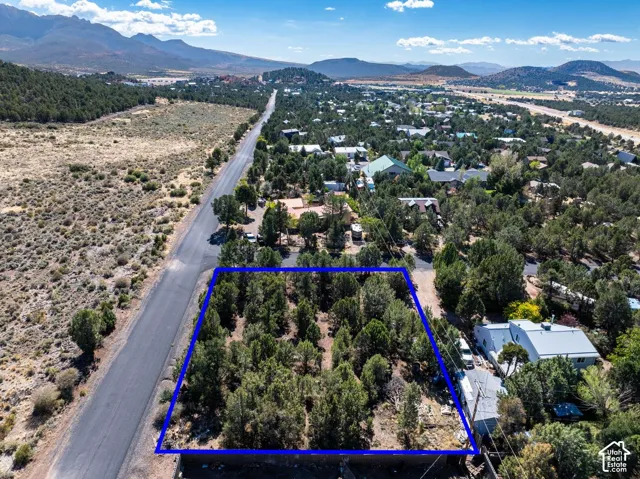 Rectangular parcel featuring mature native trees, direct paved road frontage, and a mountainous backdrop