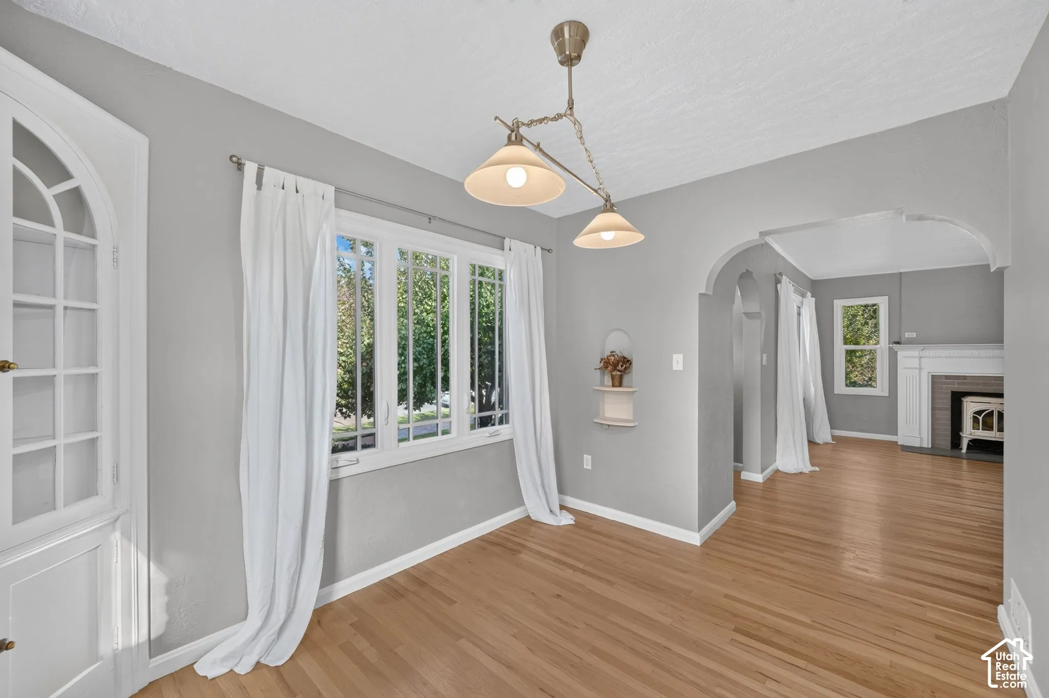 Wood-finish flooring, arched doorways, built-in display cabinetry, multi-pane windows, and a dual-pendant light fixture