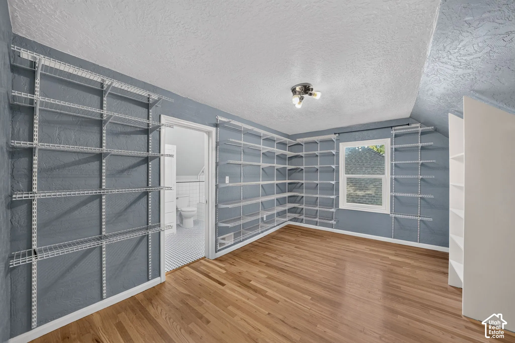 Room featuring wood-finish flooring, textured walls, adjustable wall-mounted wire shelving, and a multi-light flush-mount ceiling fixture