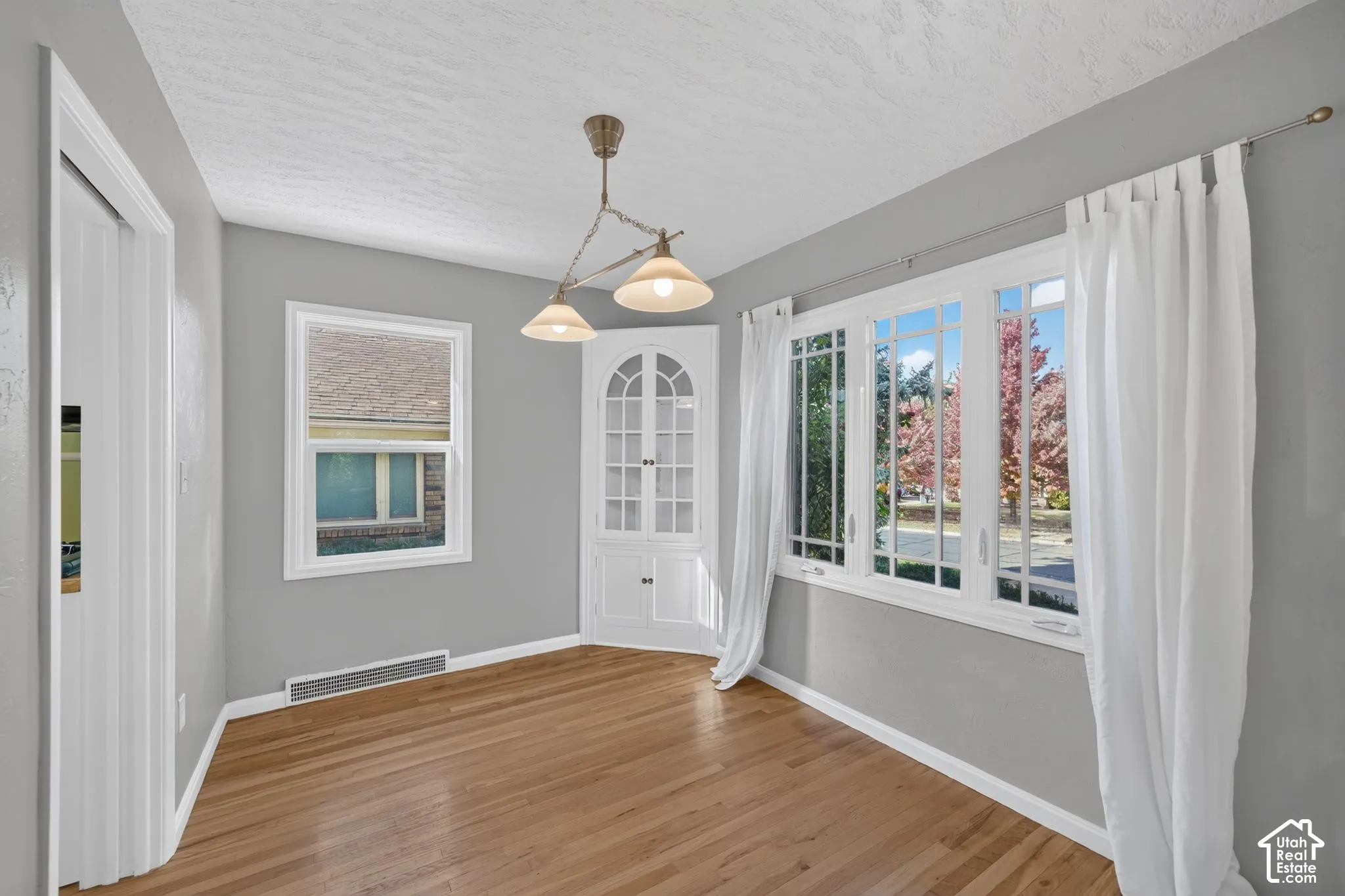 Built-in corner cabinetry with glass-paneled doors, multi-pane windows, wood-finish flooring, and a suspended multi-light fixture