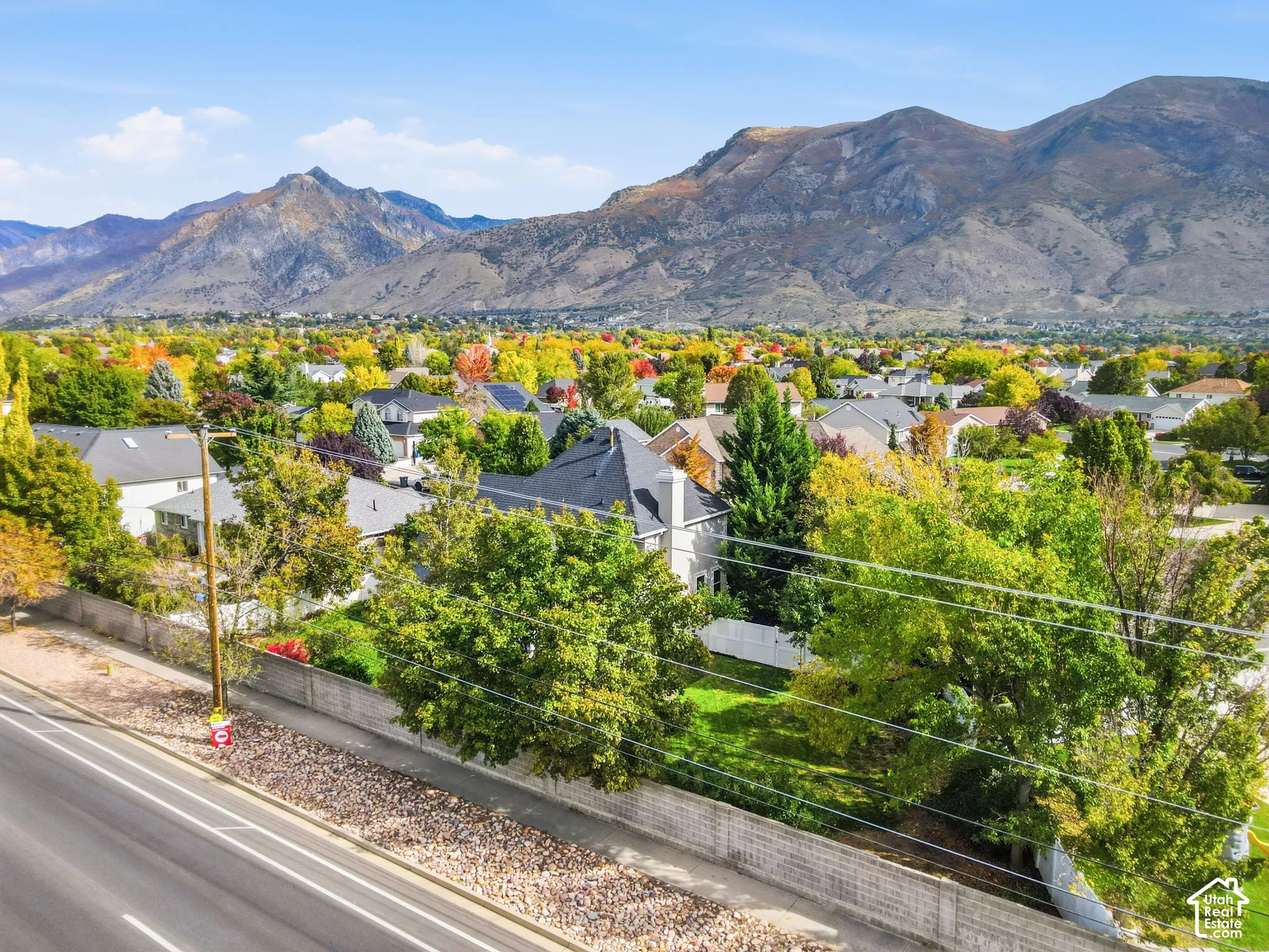 Aerial perspective of the residential property featuring mature trees and a mountain backdrop