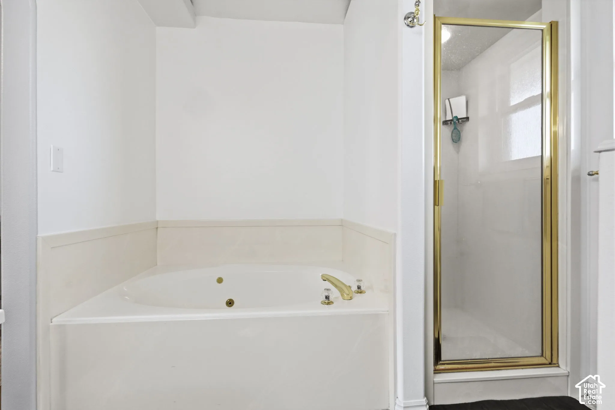 Built-in jetted soaking tub with tile surround, paired with a separate stall shower featuring a metal-framed glass enclosure and gold-toned hardware