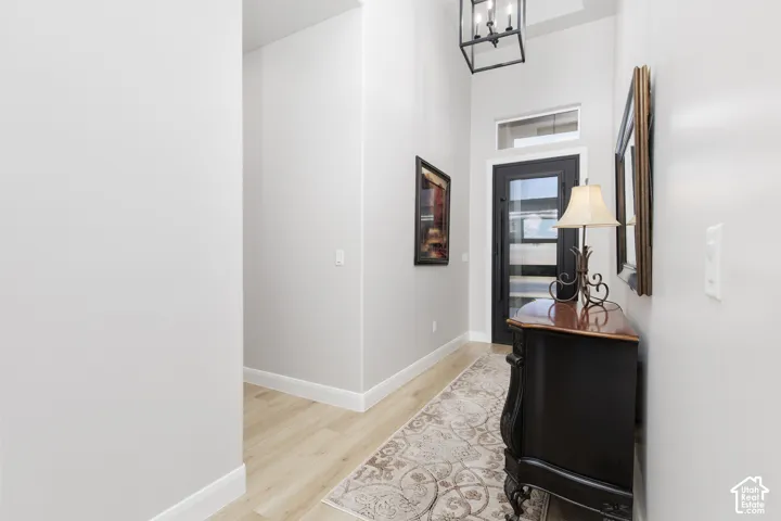 Entryway featuring high ceilings, wood-finish flooring, a glass-panel entry door with transom window, and an industrial-style geometric pendant light