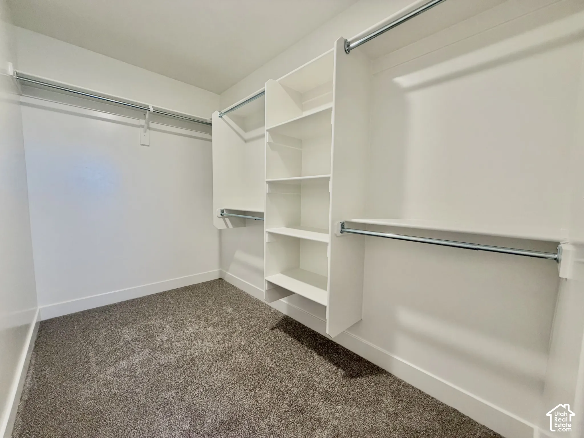 Walk-in closet featuring wall-to-wall carpeting, white custom built-in shelving, and dual-level metal hanging rods