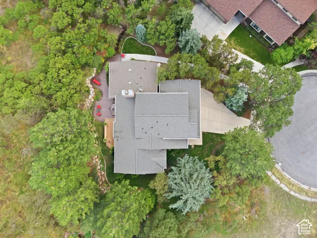 Aerial perspective of a property featuring a multi-level roofline, extensive mature tree cover, a private concrete driveway, hardscaped patio area, and natural stone landscaping elements