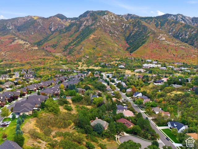Aerial perspective featuring proximity to a prominent mountain range, established mature trees, and varied residential landscape