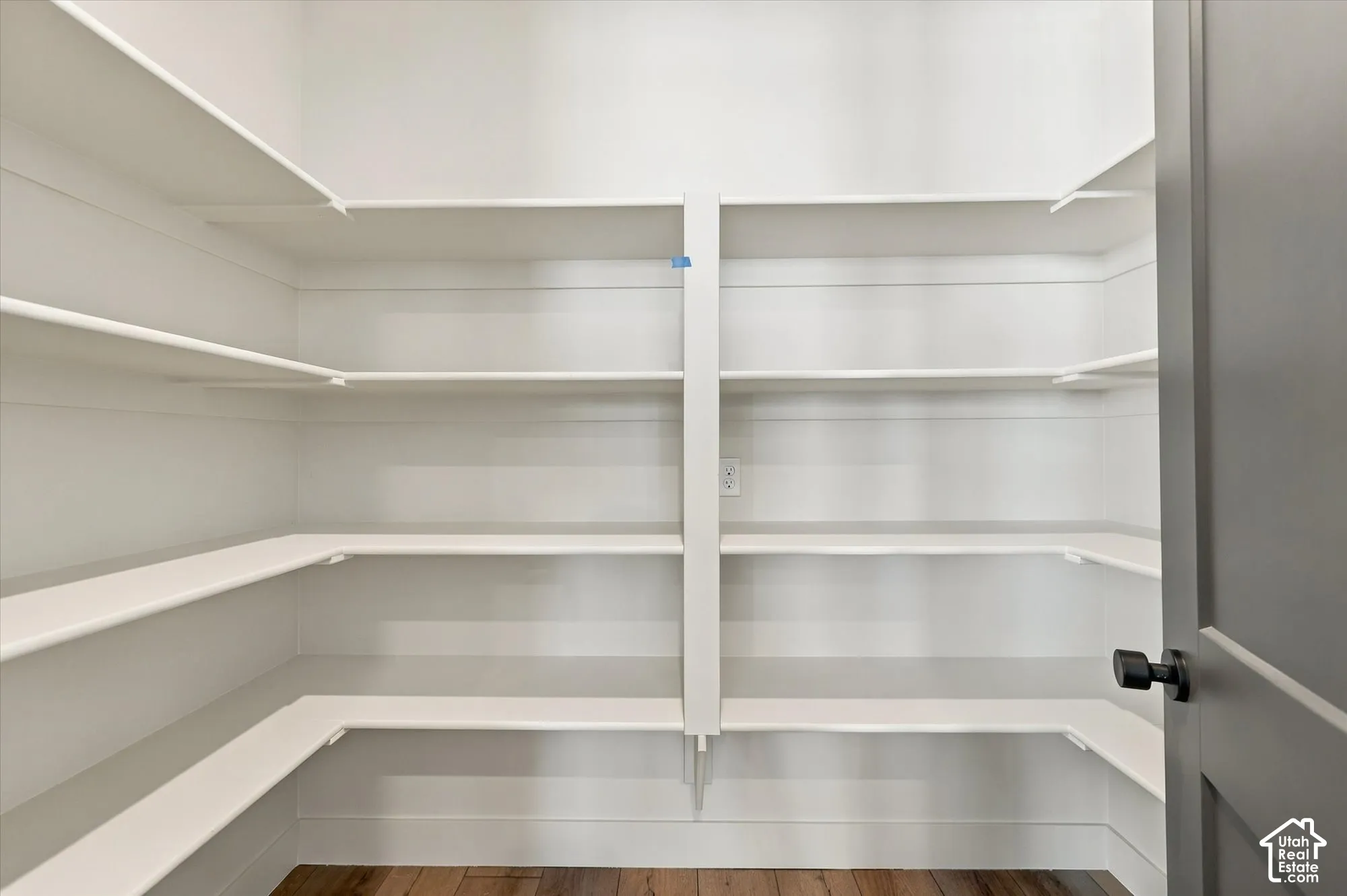 Walk-in pantry featuring white wrap-around tiered shelving, shiplap-style wall detailing, and wood-finish flooring