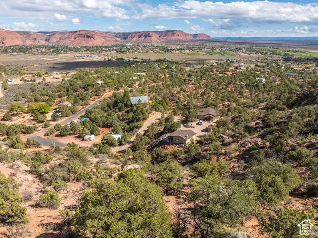 Aerial perspective featuring high-desert terrain with mature vegetation, paved street access, and a prominent mesa backdrop