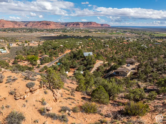 Aerial landscape featuring native desert vegetation, rock formations, and red rock ranges