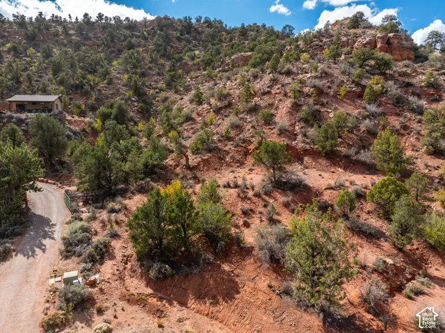 situated on a hillside with native trees, brush, and rock terrain