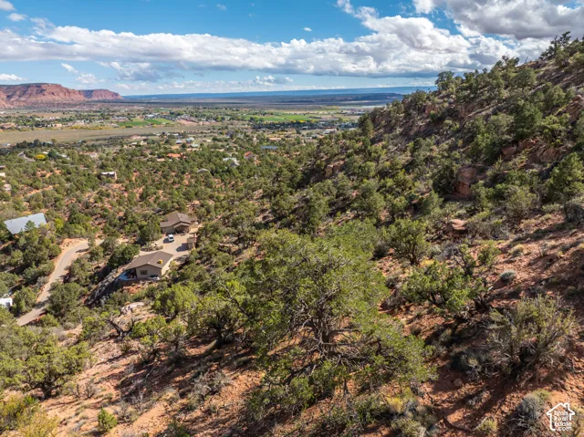 Sloped desert terrain featuring mature pinyon and juniper vegetation, natural rock formations, and distant red rock backdrops