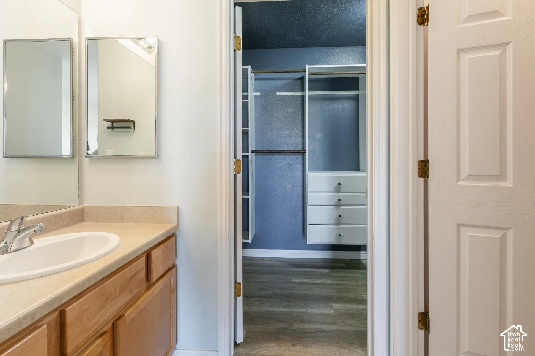 Vanity with a solid surface countertop, integrated sink, and wood cabinetry, paired with a walk-in closet featuring white built-in shelving, drawers, and wood-finish flooring