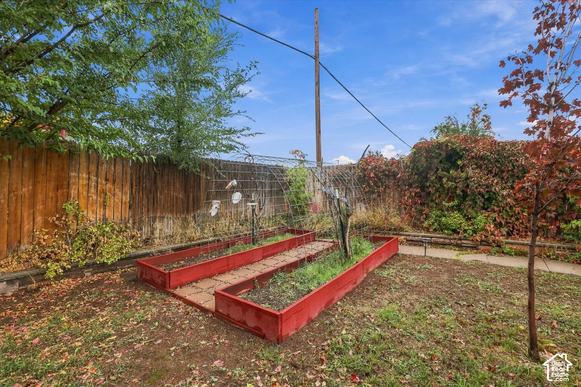 Backyard garden area featuring two raised planting beds, a metal wire trellis, a concrete walkway, and wood perimeter fencing