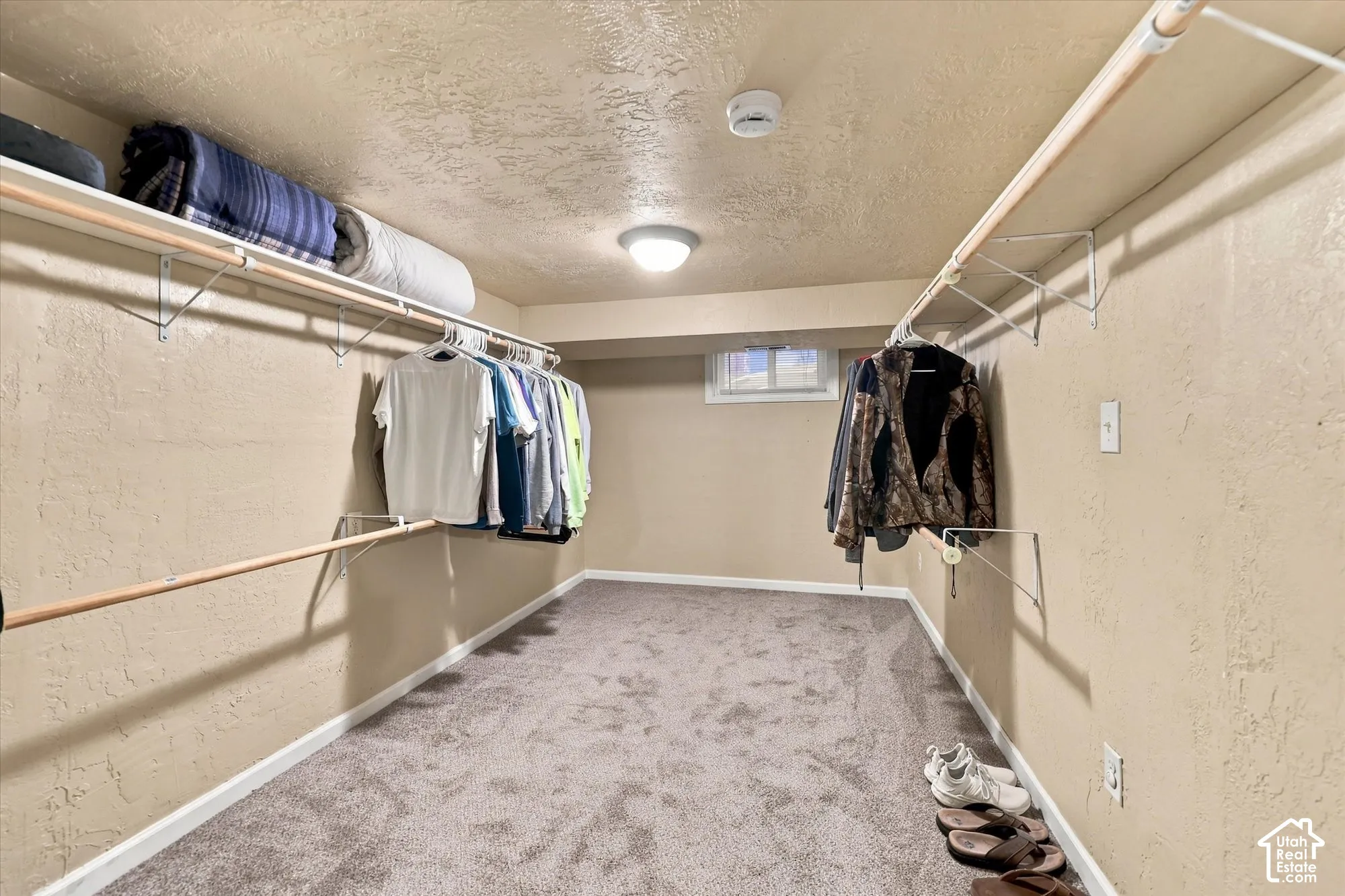 Walk-in closet featuring wall-to-wall carpeting, dual-tier wire shelving, wood-finish hanging rods, and a window for natural light