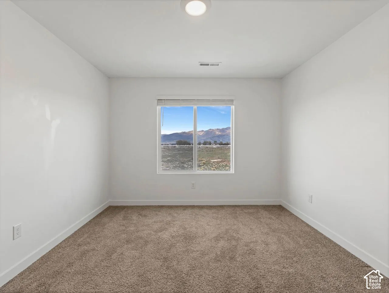Neutral interior space featuring carpeted flooring, a single window, and exterior mountain scenery
