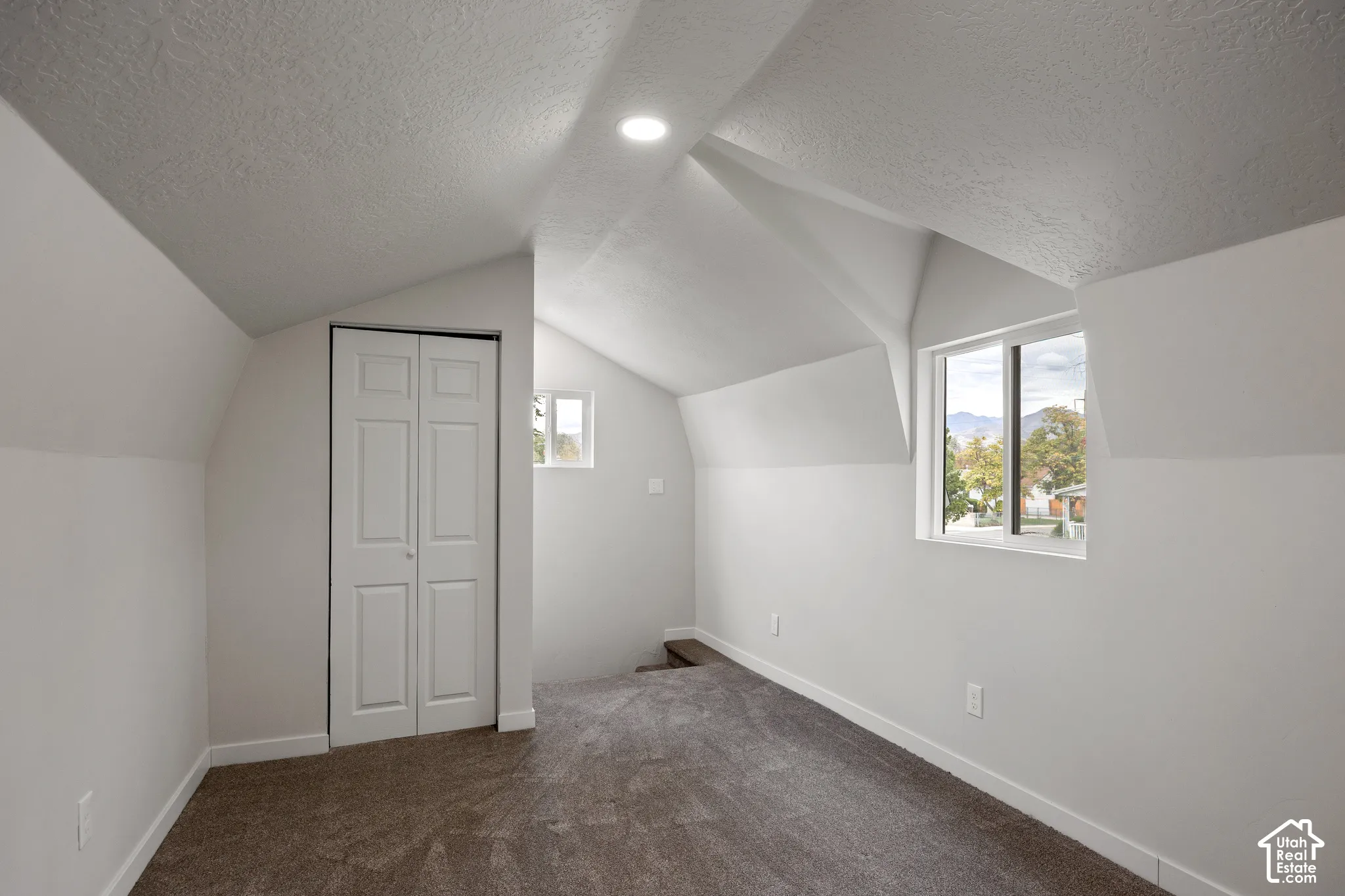 Vaulted ceilings, neutral carpeting, recessed lighting, and built-in closet with double doors