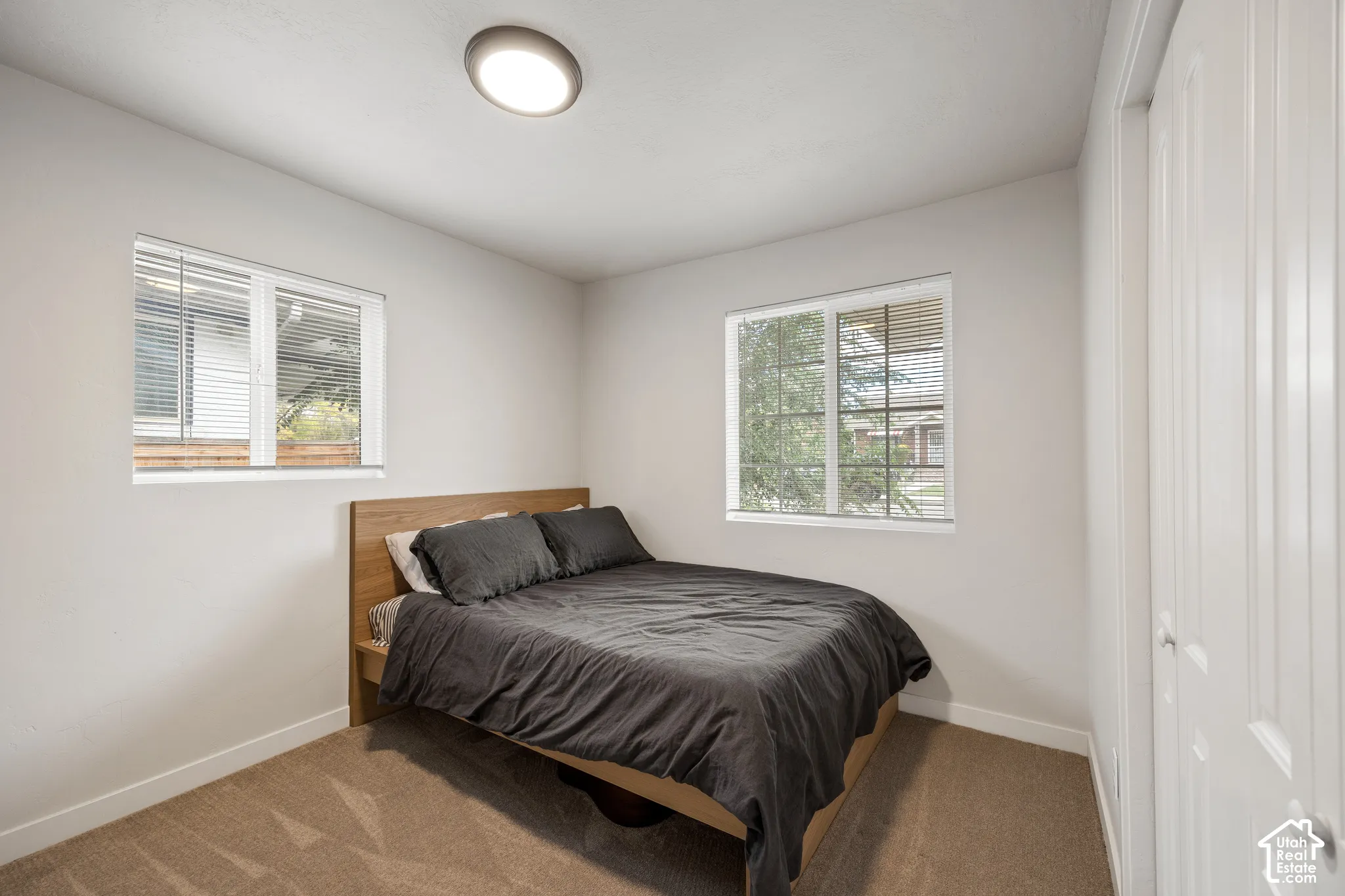 Room featuring neutral carpeting, white walls, dual windows with integrated blinds, a flush-mount ceiling light, and a double-door closet