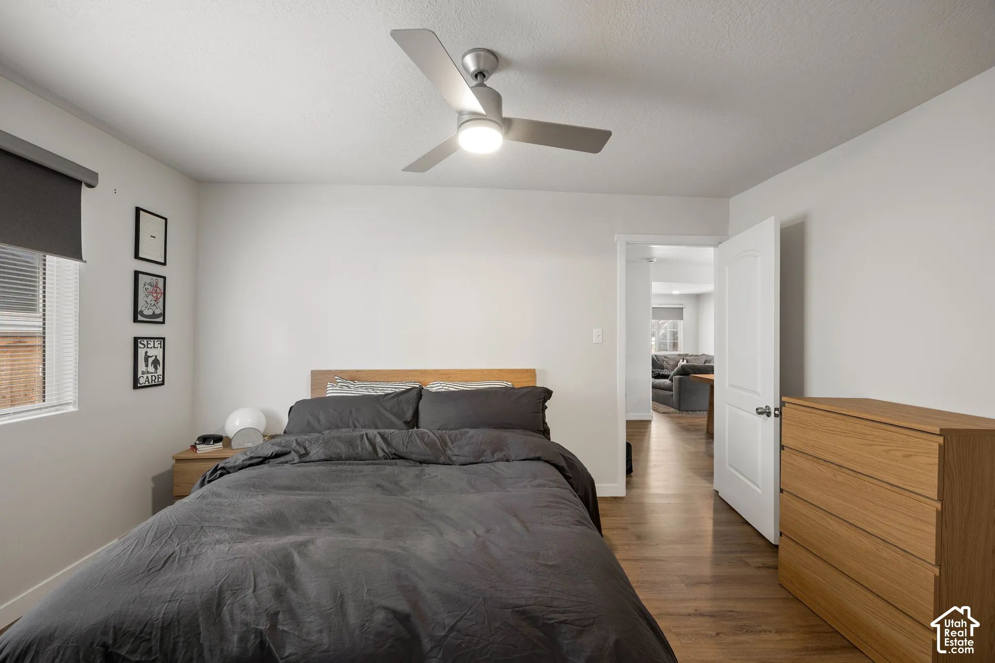 Wood-finish flooring, three-blade ceiling fan with integrated light, and solid-core interior door