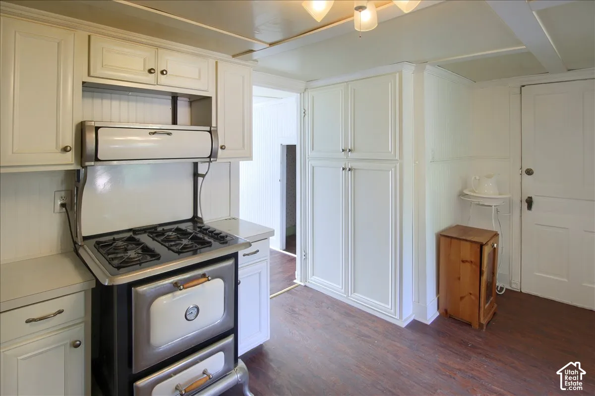 Kitchen featuring white cabinetry, full-height built-in storage, wood-finish flooring, and a vintage-style range with a dual-door oven