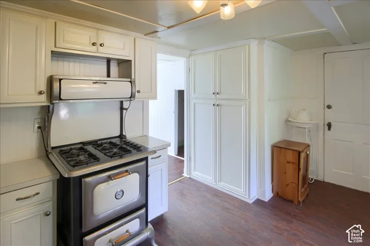 Kitchen featuring white cabinetry, full-height built-in storage, wood-finish flooring, and a vintage-style range with a dual-door oven