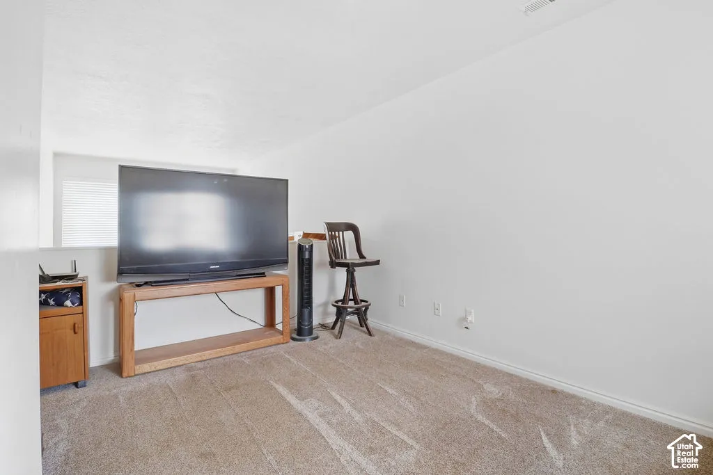 Neutral-toned carpeted flooring and interior wall with an open-half wall partition