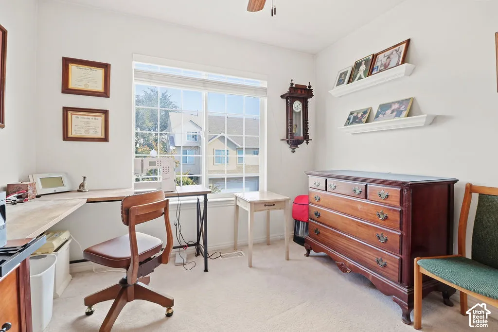Room featuring neutral-toned carpeting, a large grid-patterned window, and two wall-mounted floating shelves