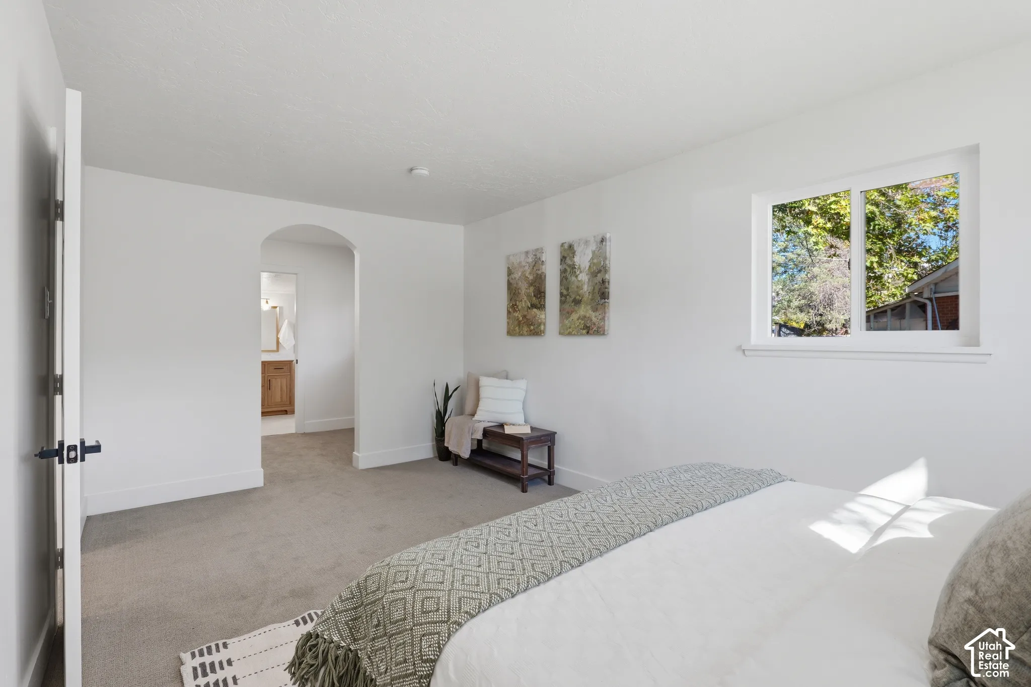 Room featuring neutral carpeting, an arched doorway, and a horizontal sliding window