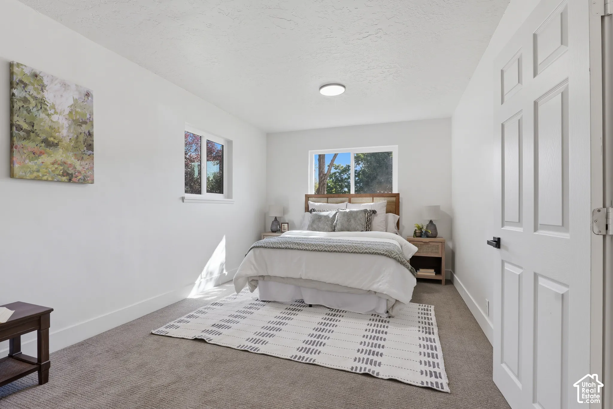 Neutral-toned carpeting, dual vinyl-framed windows, and a six-panel door with matte black hardware