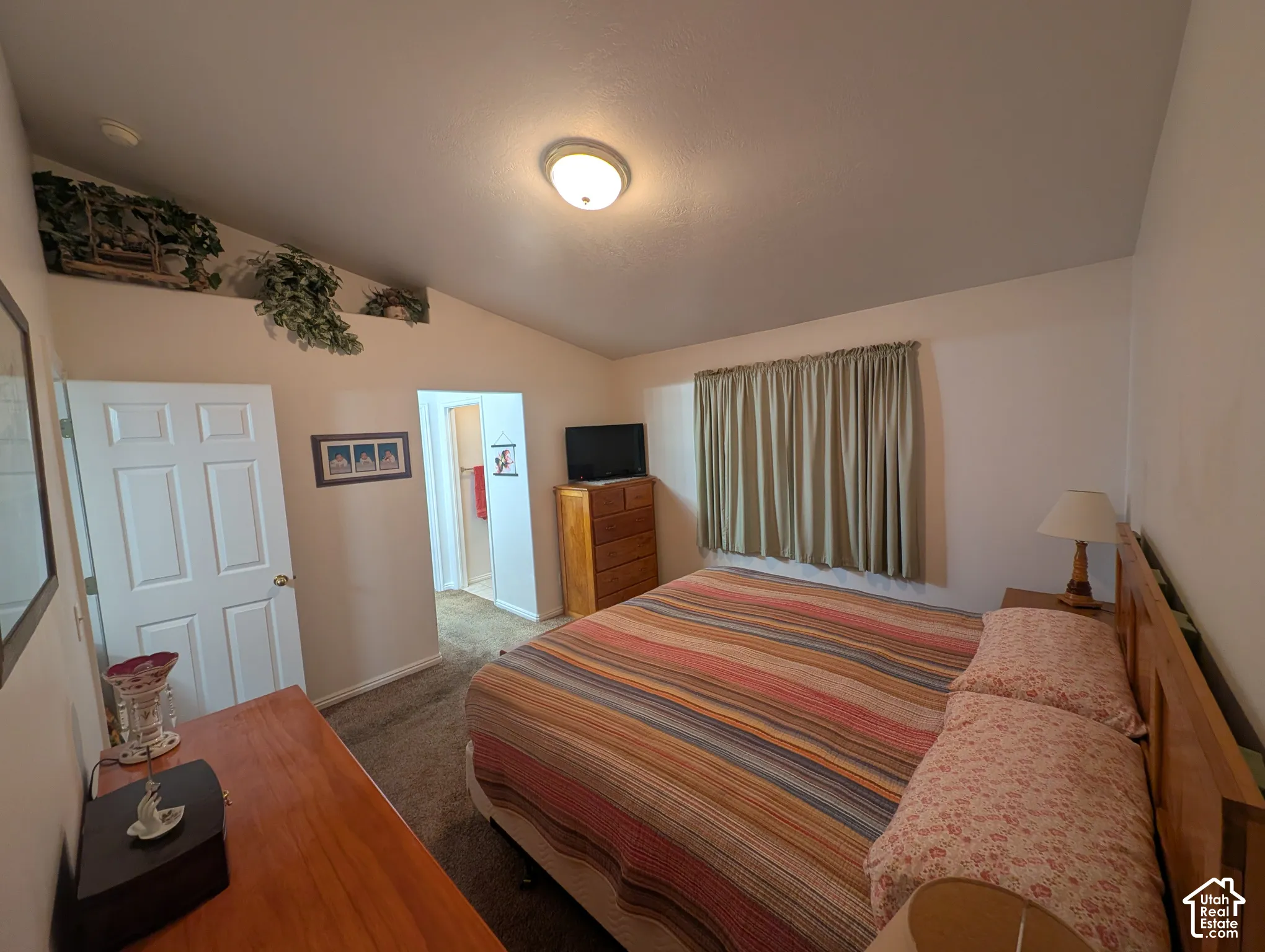 Vaulted ceilings, carpeting, and a six-panel interior door