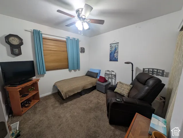 Neutral wall finish, carpeted flooring, and a ceiling-mounted light fixture with a three-blade fan