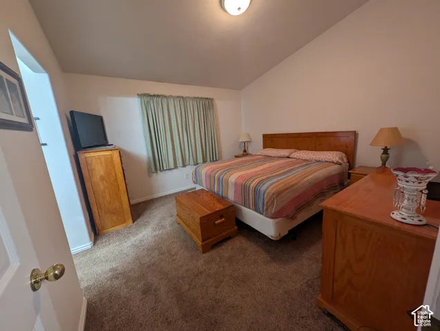 Wall-to-wall carpeting, flush-mount ceiling lighting, and a window with neutral drapery