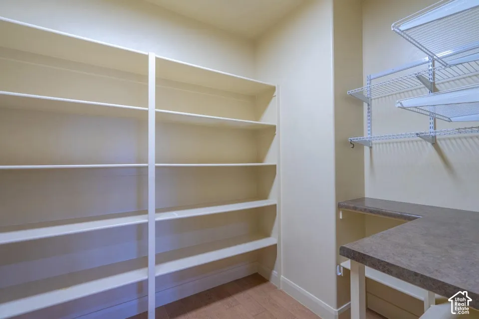 Storage area featuring multi-tier fixed shelving, a solid-surface countertop, wire wall shelving, and wood-finish flooring
