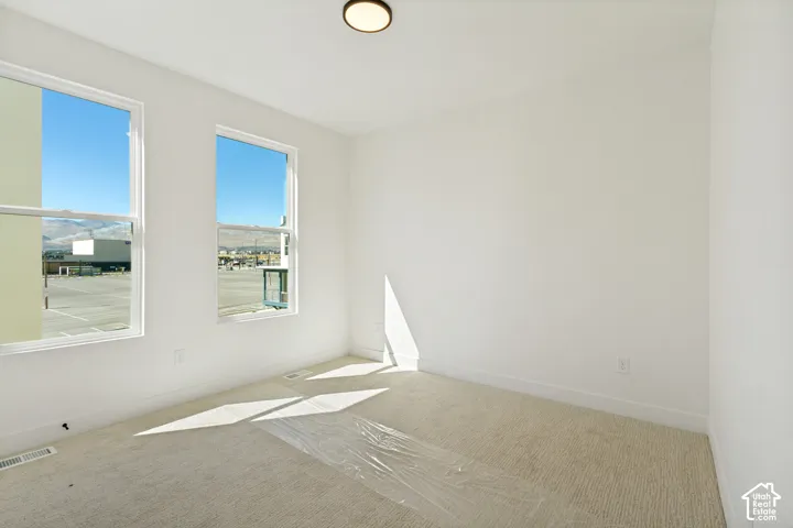 Neutral-toned wall finish, dual windows with exterior mountain scenery, and carpeted flooring with integrated ceiling-mounted light fixture