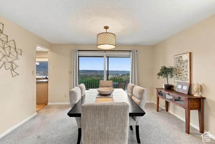 Dining area featuring sliding glass doors, neutral carpeting, a drum pendant light fixture, and mountain scenery