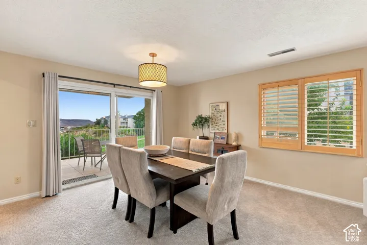 Dining area featuring sliding glass doors with access to an exterior deck, natural wood window shutters, a drum pendant light fixture, and neutral wall tones