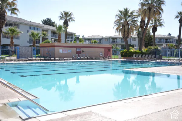 Expansive swimming pool featuring lane lines and integrated steps