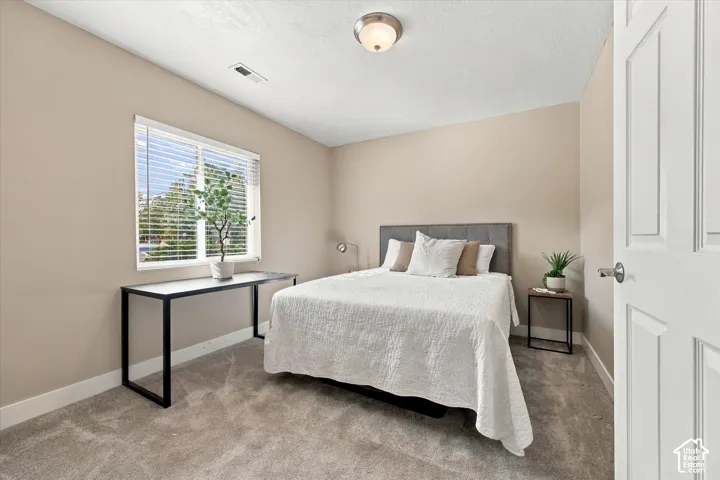 Neutral-toned walls, wall-to-wall carpeting, window with integrated blinds, and flush-mount ceiling light fixture