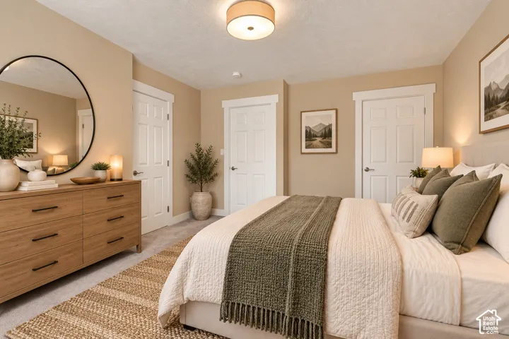 Neutral-toned interior featuring multi-panel interior doors, crisp white door casings, carpeting, and a flush-mount drum ceiling light fixture