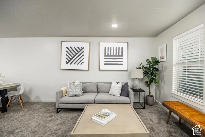 Neutral-toned wall paint, recessed lighting, carpeted flooring, and horizontal slat window blinds