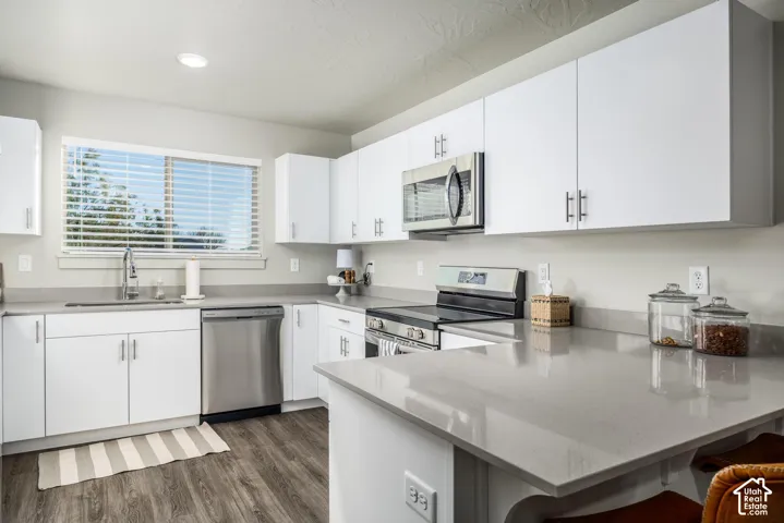Kitchen featuring white flat-panel cabinetry, quartz countertops, stainless steel appliances, and wood-finish flooring