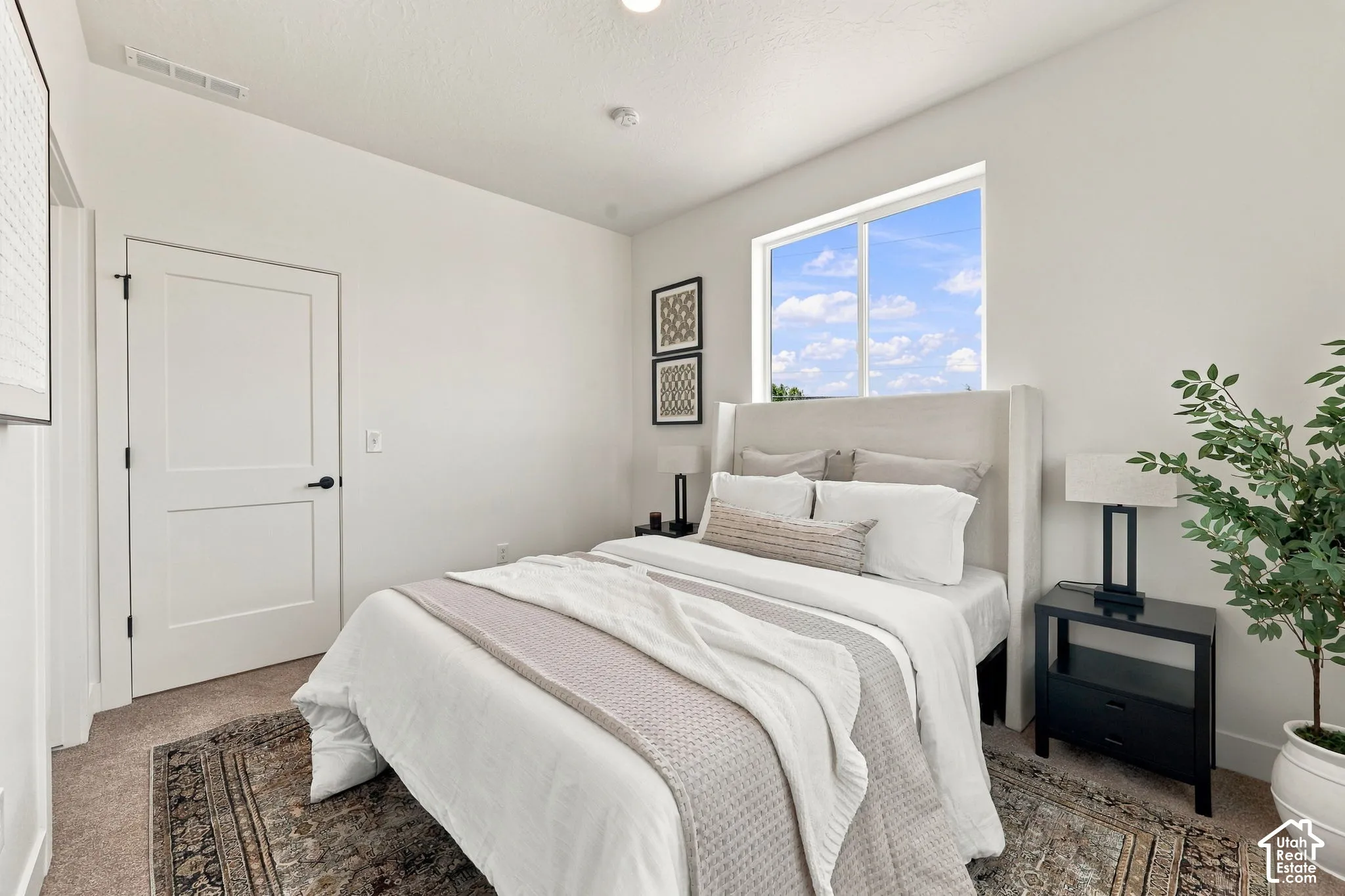 Spacious room with white walls, carpet flooring, a two-panel interior door with black hardware, and a large window