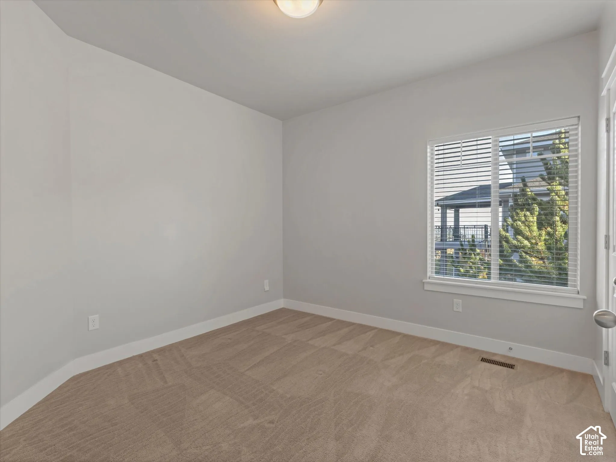 Room with wall-to-wall carpeting, neutral interior paint, single-window configuration with horizontal blinds, and a flush-mount ceiling light fixture