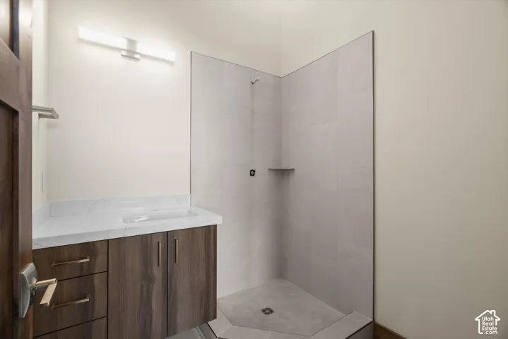 Modern vanity with a countertop basin and metallic hardware, paired with a walk-in shower featuring large-format tile surround and an integrated corner shelf