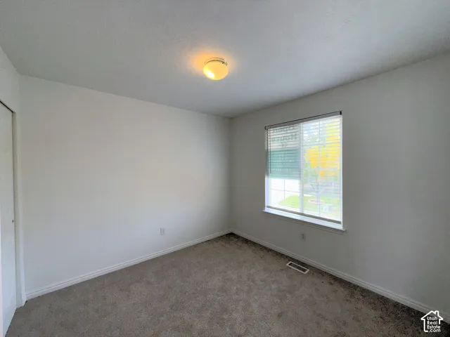 Neutral-toned interior space featuring wall-to-wall carpeting, a single-pane sliding window, and a ceiling-mounted light fixture