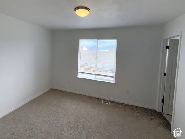 Master bedroom.Neutral-toned carpeting, flush-mount lighting, and a single-panel window with a mountain backdrop
