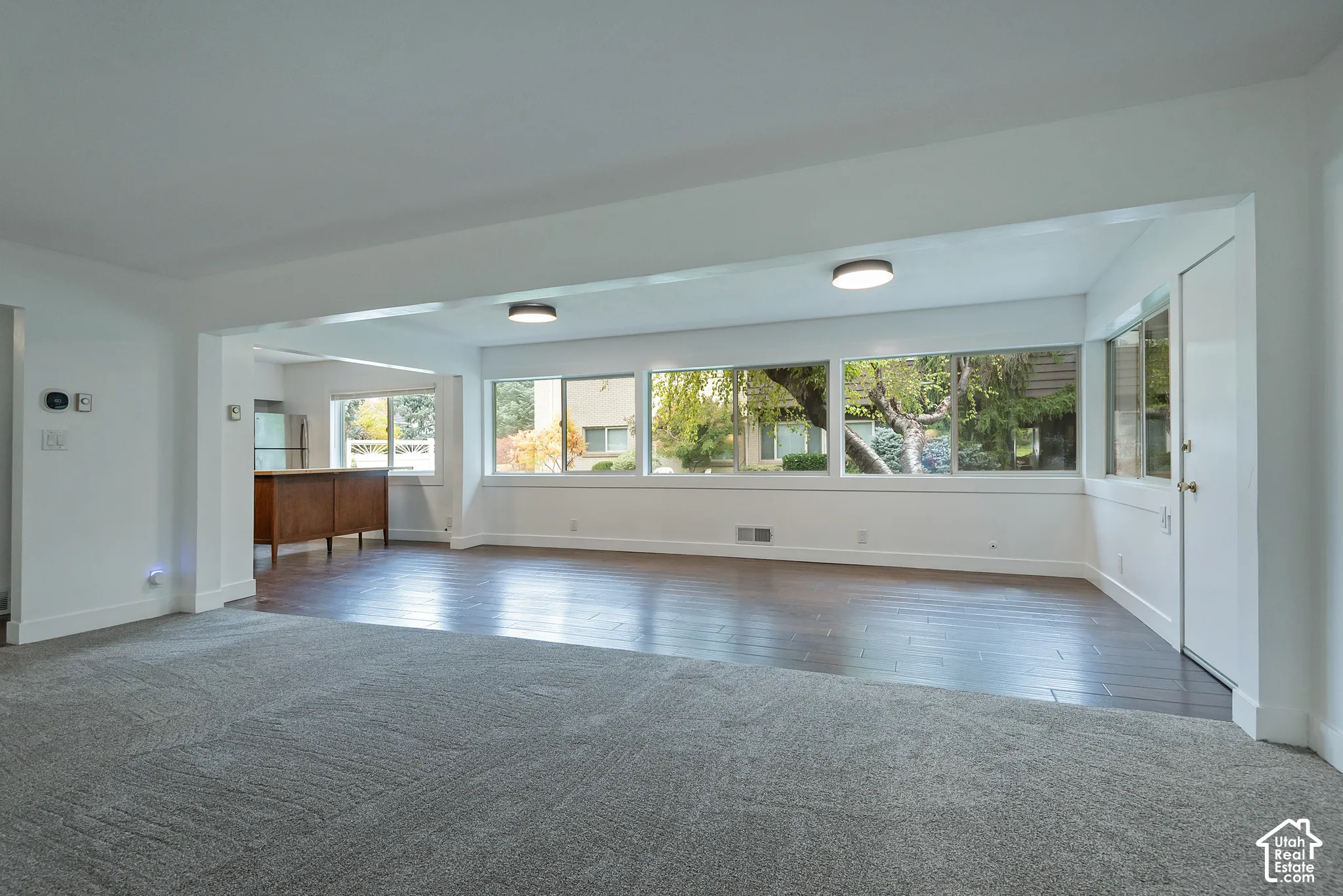 Expansive room featuring dark-toned wood-finish flooring, plush neutral carpeting, large horizontal picture windows, and dual flush-mount ceiling lighting