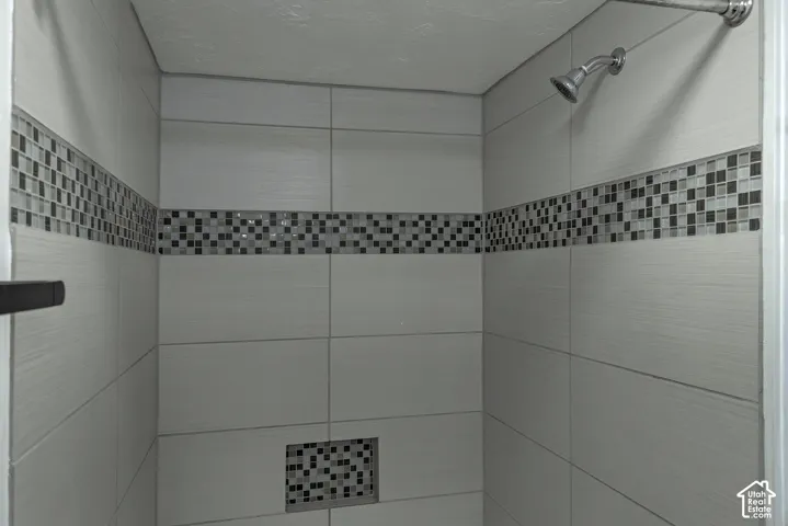 Shower featuring large-format ceramic wall tile, decorative mosaic tile inlay, integrated wall niche, and polished chrome shower head