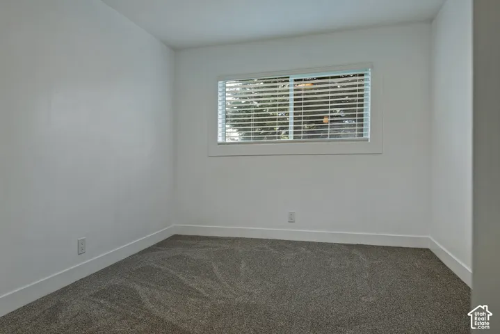 Neutral wall finish, carpeted flooring, and a window with horizontal blinds