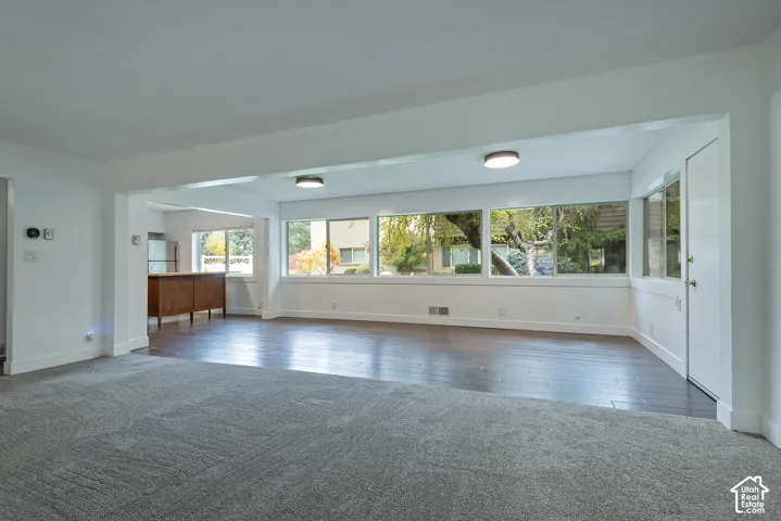 Expansive room featuring dark-toned wood-finish flooring, plush neutral carpeting, large horizontal picture windows, and dual flush-mount ceiling lighting