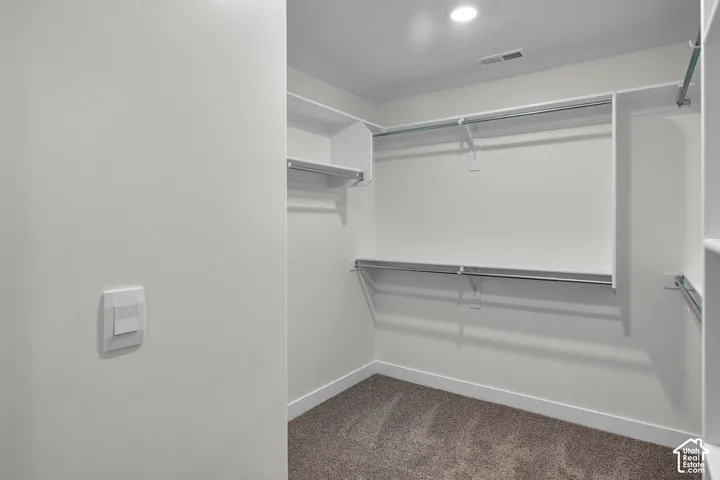 Walk-in storage space featuring custom white shelving, integrated metal hanging rods, and neutral carpeting